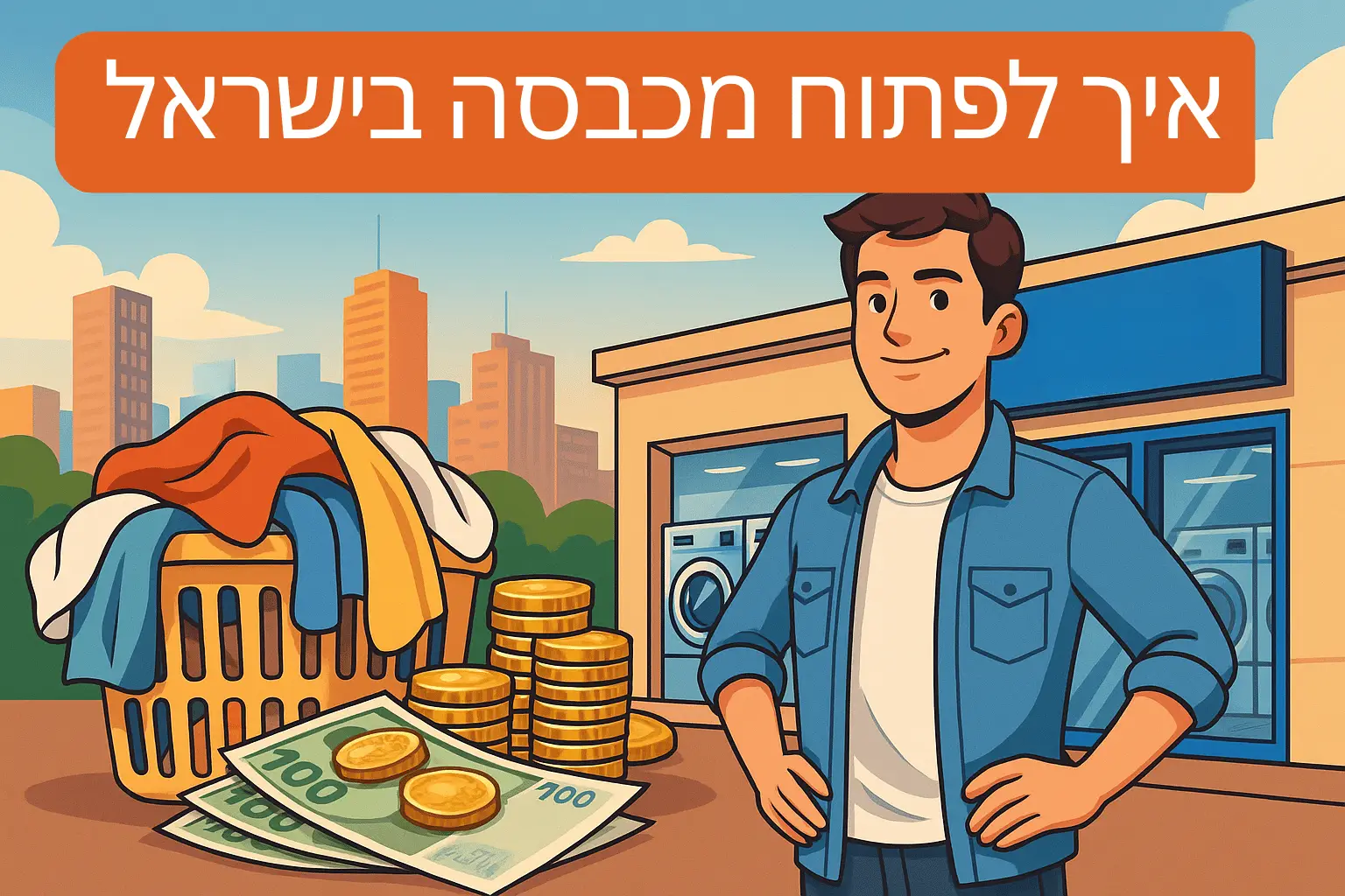 פתיחת מכבסה בישראל – איור של יזם ישראלי מחייך ליד מכונות כביסה וסימון "הזדמנות עסקית"